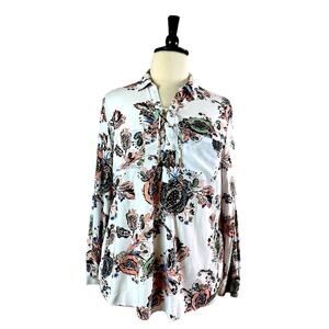 Chico’s Women’s Blouse Long Sleeves Collar Lace White Pink Floral Size 3 - Large